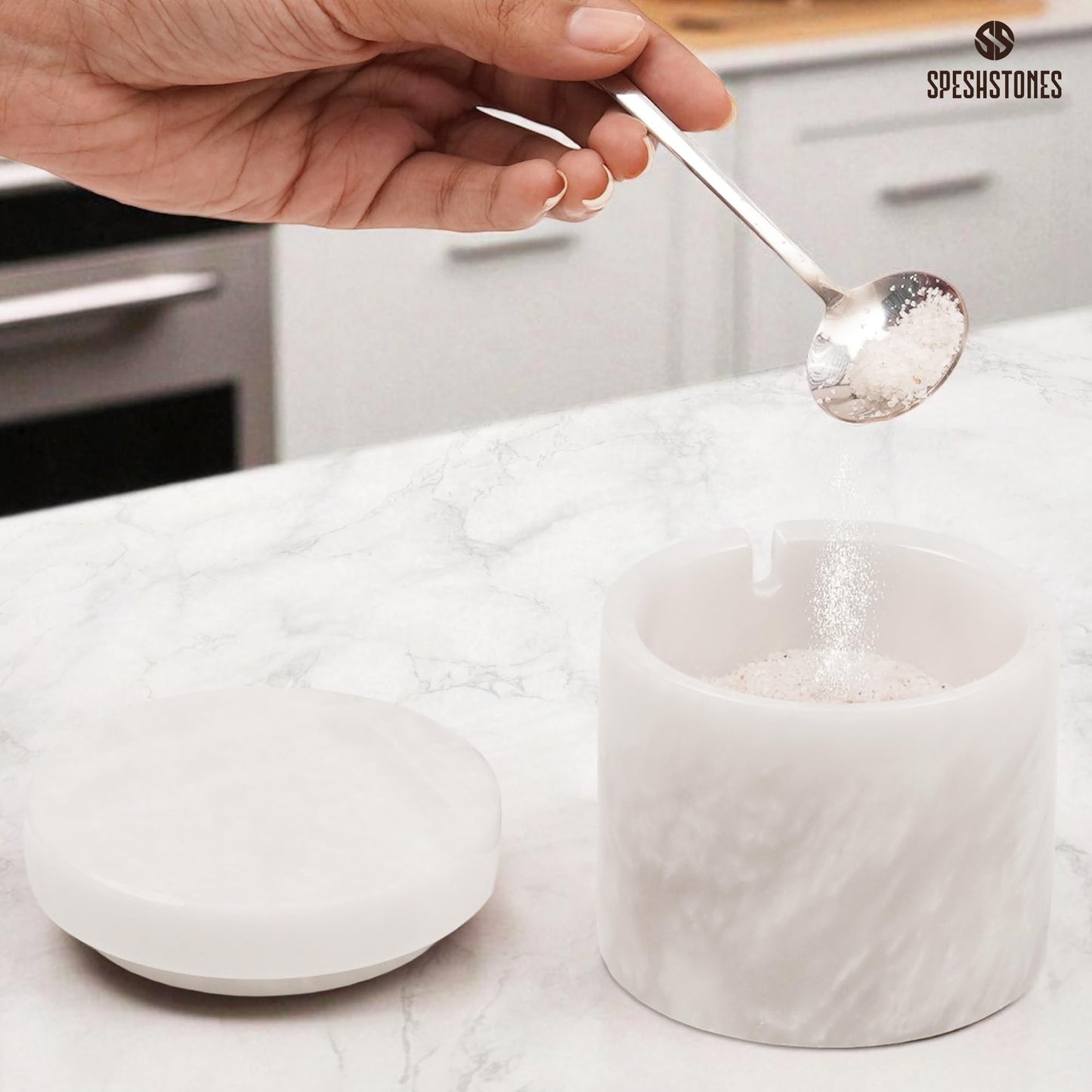 SPESHSTONES White Marble Salt Cellar 3 Inch Handmade Stone Salt Containers for Countertop, 5.2 oz Sugar Jar with Lid and Spoon, Salt Bowl, Marble Salt Holder to Store Spice, Table & Flaky Salt