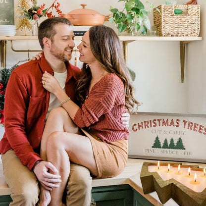 Dough Bowl Candle Co. Christmas Tree Shaped Candle - 14x10x2 6 Wick Brown Large Wooden Bowls for Decor, Mistletoe, Pine, Fir, Cedarwood Scented Decorative Wood Bread Bowl, Rustic Vegan Holiday Gift