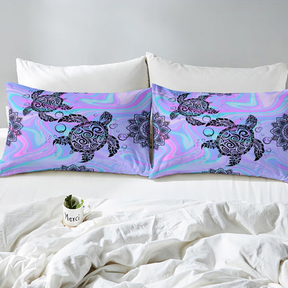 Castle Fairy Kids Tie Dye Sea Turtle Full Fitted Sheet 4pcs,Mandala Flowers Tortoise Animal Bed Sheet Set for Girls Teens Bedroom,Purple Blue Marble Polyester Bedding Set with 1 Flat + 2 Pillowcases