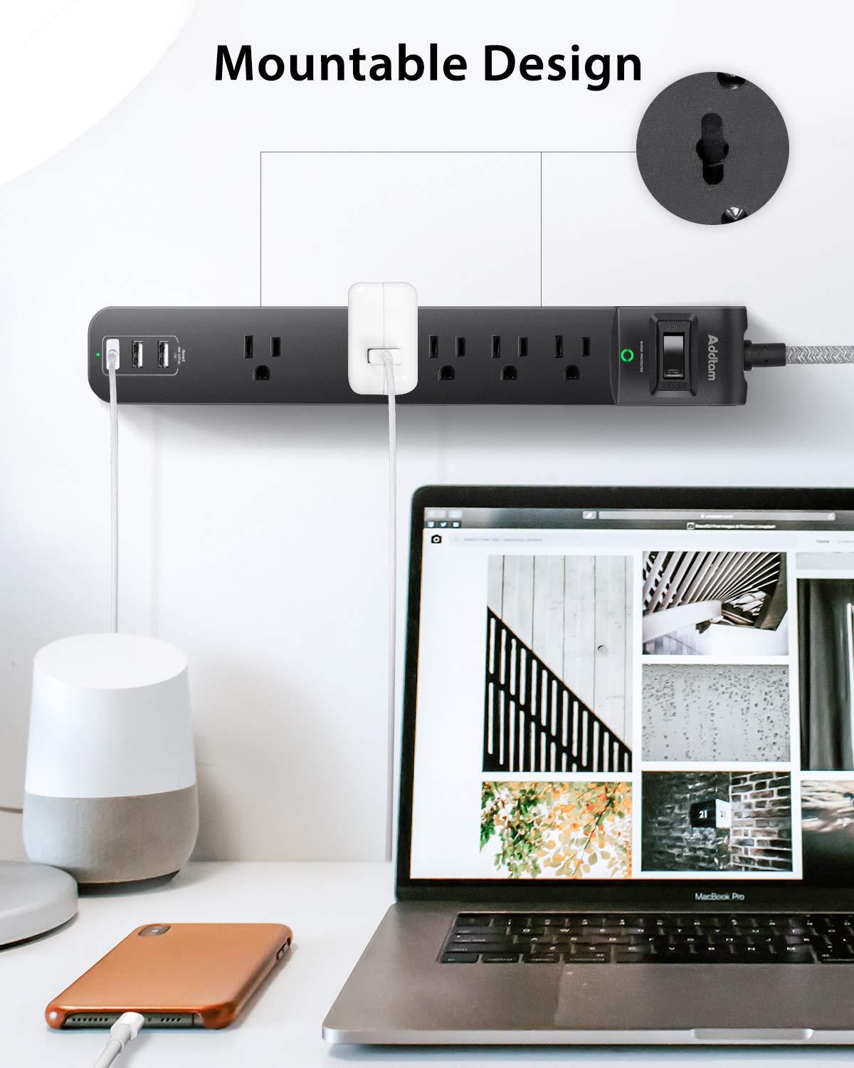 2 Pack Power Strip Surge Protector - 6Ft Extension Cord with 5 Widely Outlets 4 USB (2 USB C) Port, 1875W/15A, Wall Mount, Flat Plug, Desk Charging Station for Home Office College Dorm Room Essentials