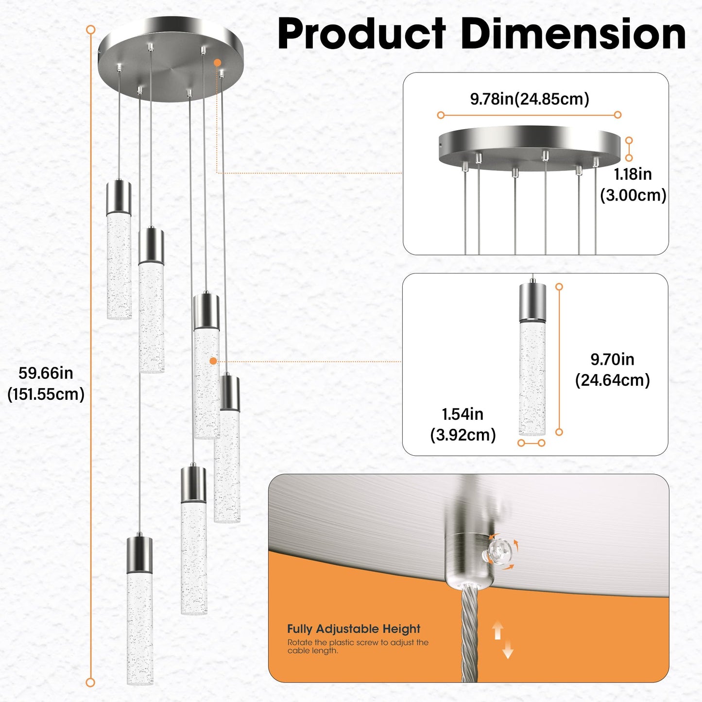 Esfos Pendant Lights Kitchen Island, 3000K-6500K Modern Kitchen Island Lights, Ceiling Lighting Fixtures with Crystal Bubble, 3 Color Integrated LED Hanging Light Brushed Nickel 1 Pack(6-Light)