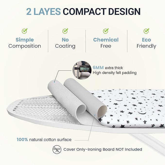 Ironing Board Cover and Pad 15"x54" Extra Thick Natural Cotton, Scorch and
