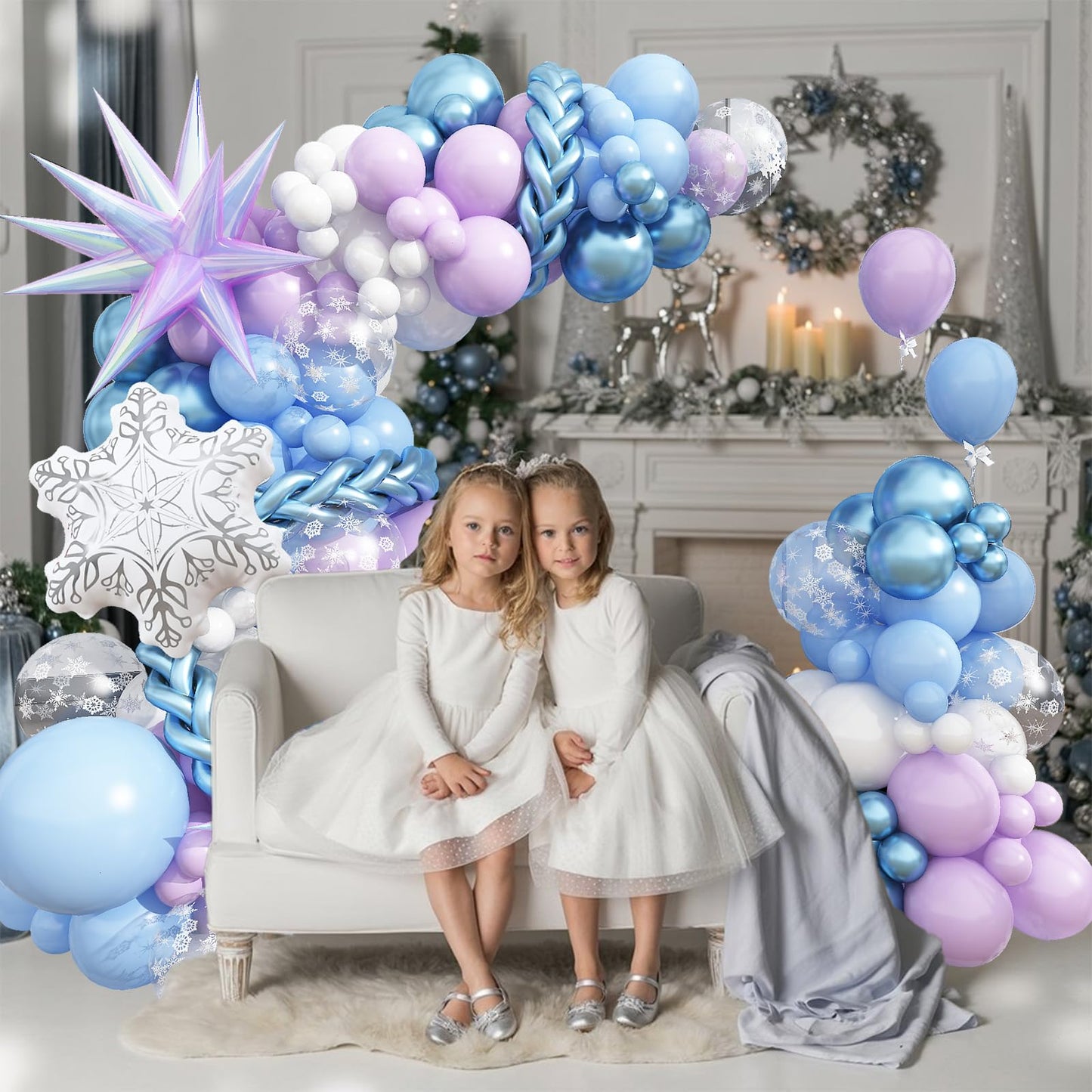 Winter Balloon Arch Garland Kit, Baby Pastel Metallic Blue Light Purple White Latex Balloons with Snowflake Exploding Star Foil Balloon for Winter Wonderland Xmas Ice Snow Birthday Party Decorations