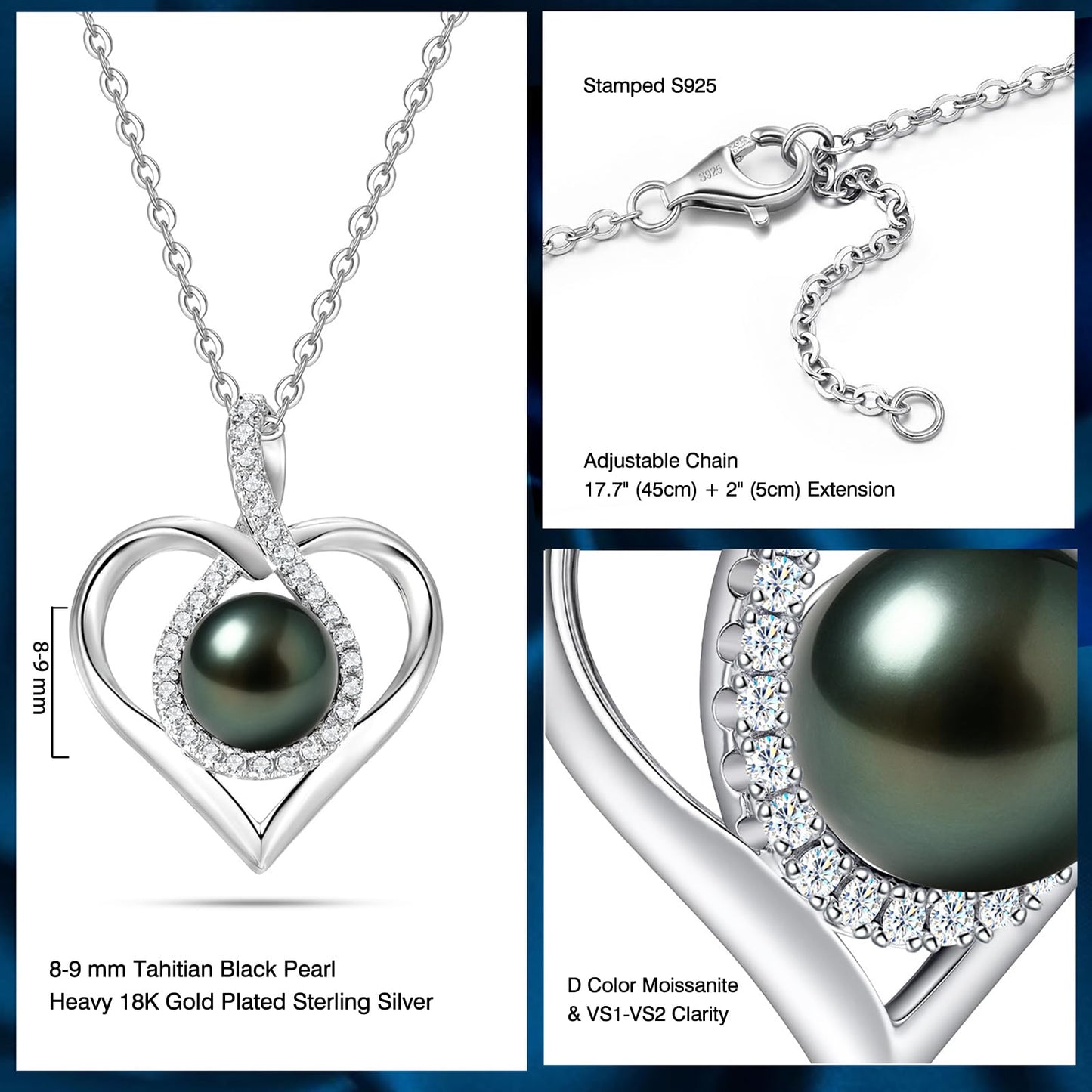 Genuine Tahitian Black Pearl Necklace - Christmas Gift for Wife Mom Daughter, Jewelry Gifts for Wedding Anniversary Birthday, 8-9mm Seawater Pearl with Sterling Silver Moissanite Infinity Love Pendant