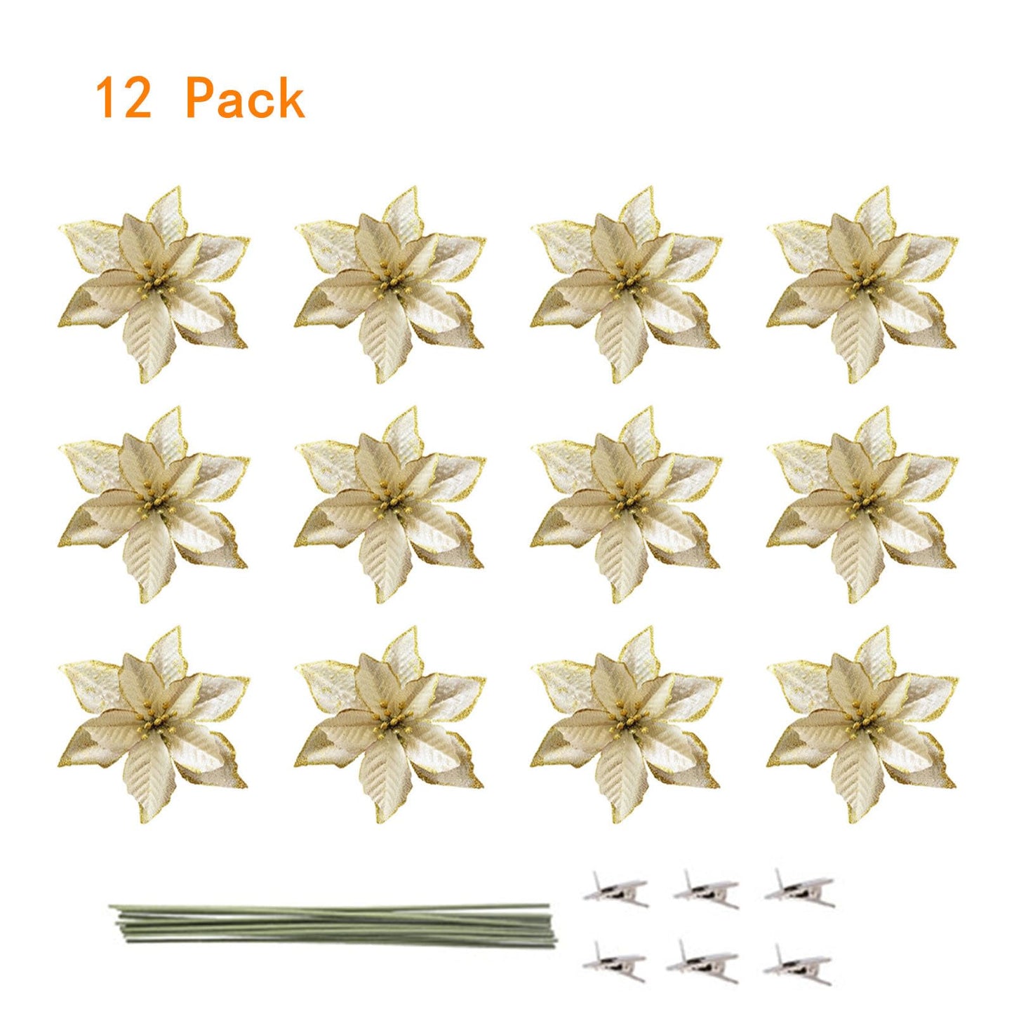 KEPATO Christmas Glitter Poinsettia Christmas Tree Ornaments Pack of 12 (Gold)