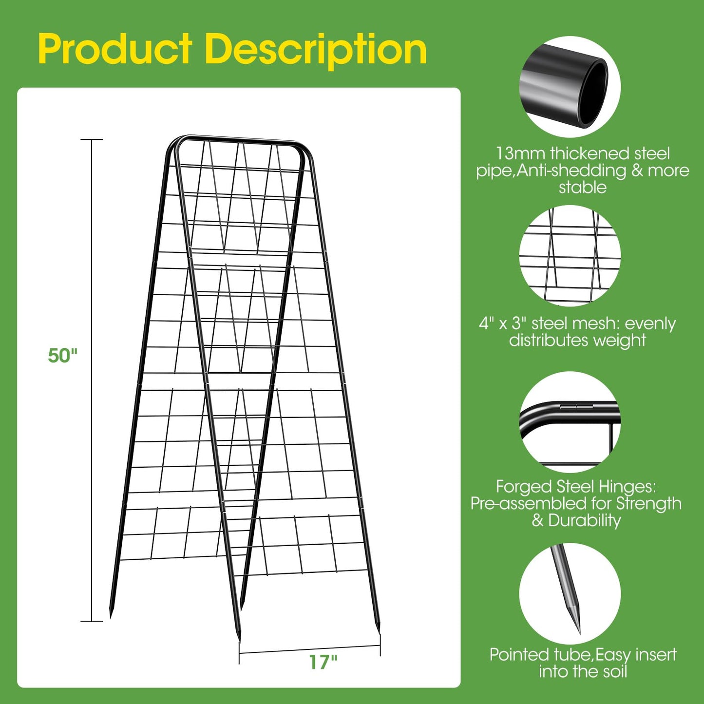 Heavy Duty Cucumber Trellis，50"x17" Adjustable A-Frame Trellis for Climbing Plants ，Metal mesh Design, Rust-Proof and UV-Resistant，Garden Trellis for Cucumber Beans and Vine Type Plants. Black &1Pcs