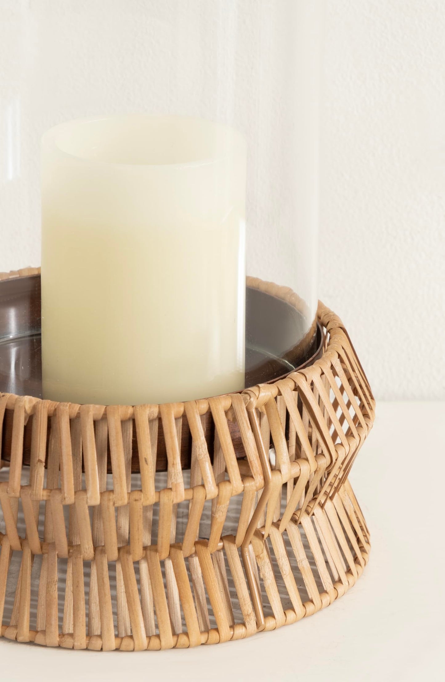 Kate and Laurel Rashana Modern Boho Rattan Pillar Candle Holder, 8 x 8 x 11, Natural, Coastal Hurricane Candle Holder with Glass Cylinder for Living Room Decor
