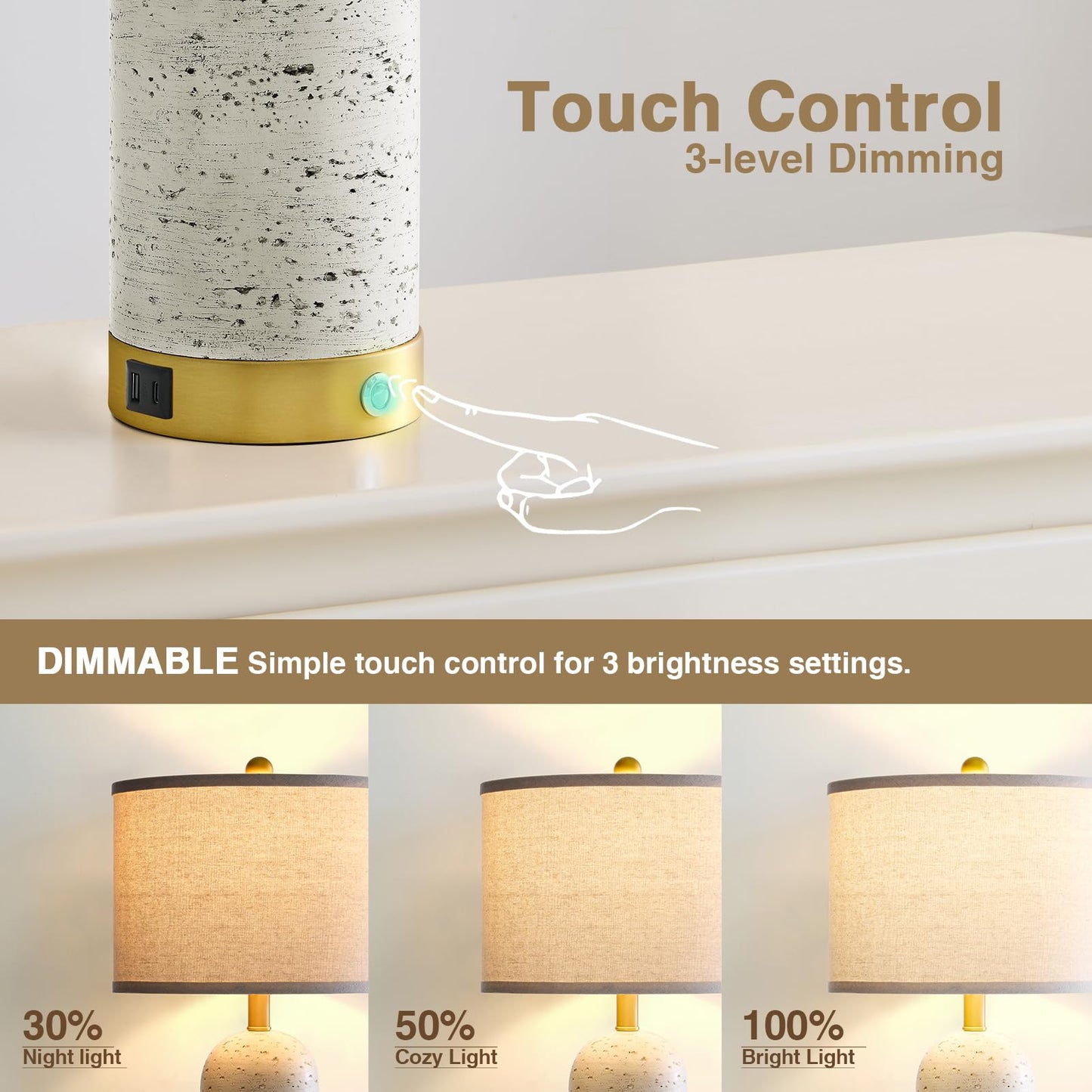RORIA 25" Set of 2 Touch Rustic Table Lamps for Living Room, Resin Stone Travertine Nightstand Modern Lamps with 3-Way Dimmable and USB A+C Ports for Bedroom Entryway, 2 LED Bulbs Included