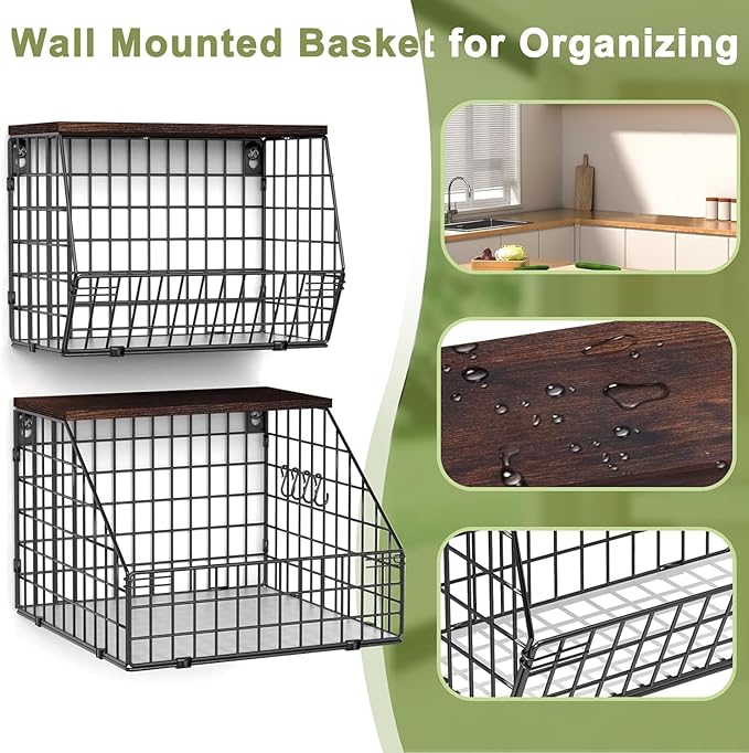 Fruit and Vegetable storage, 2 Set Wall Mounted Wire Baskets, Fruit Basket