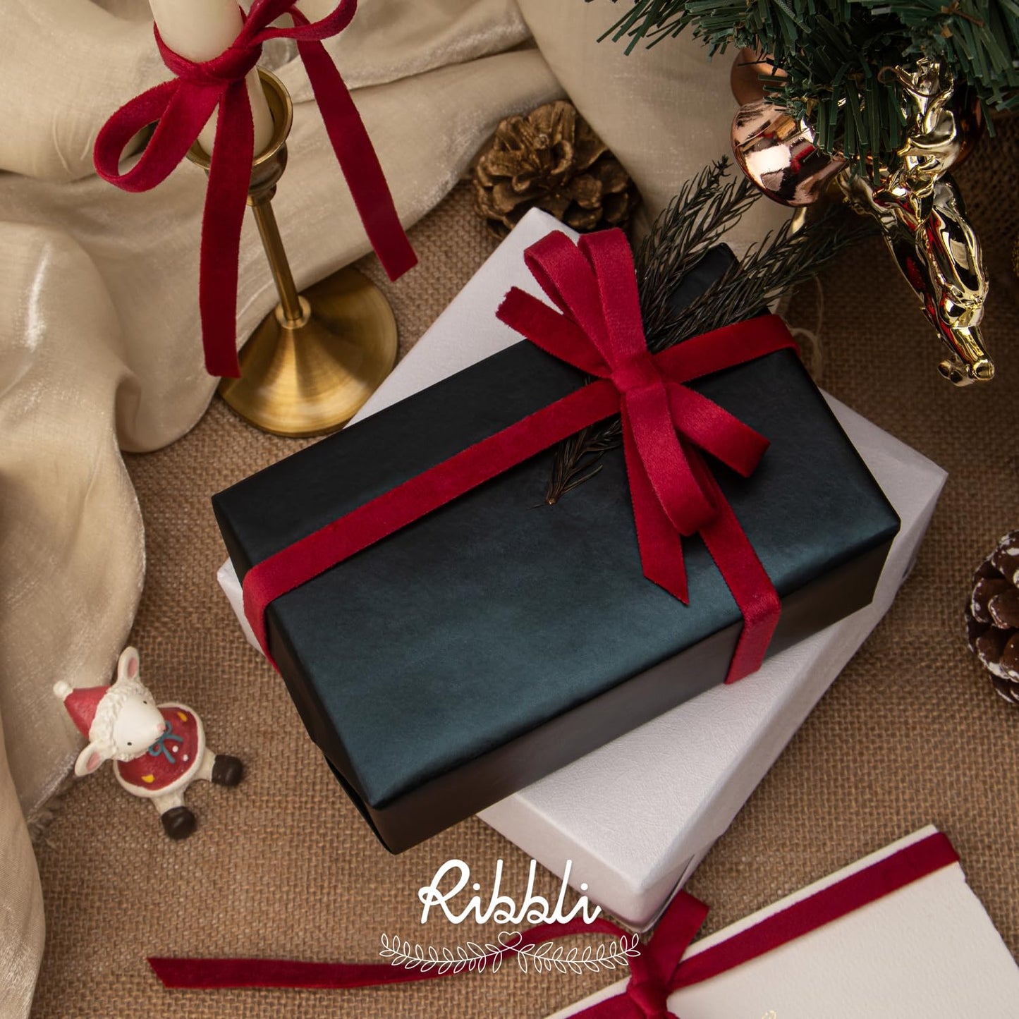 Ribbli Red White Green Velvet Ribbon 3 Rolls Double Faced 3/8 Inch 18-Yard with Wooden Spool Use for Christmas Tree Ornaments Gift Wrapping Wreath Decoration Wedding Boutonnieres