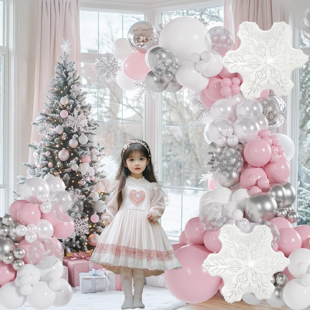 Pink Winter Onederland Balloon Garland 128pcs Girl First Birthday Snowflake Balloons 1st Birthday Decorations Pink Christmas Baby Shower Decor For Sweet One Fairy Decorations Coquette Party Decor
