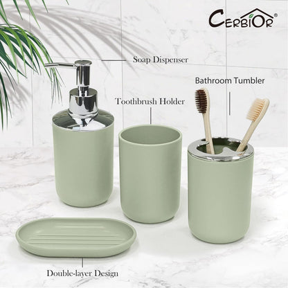 CERBIOR Bathroom Accessories Set 6 Piece Bath Ensemble Includes Soap Dispenser, Toothbrush Holder, Toothbrush Cup, Soap Dish for Decorative Countertop and Housewarming Gift (Green)