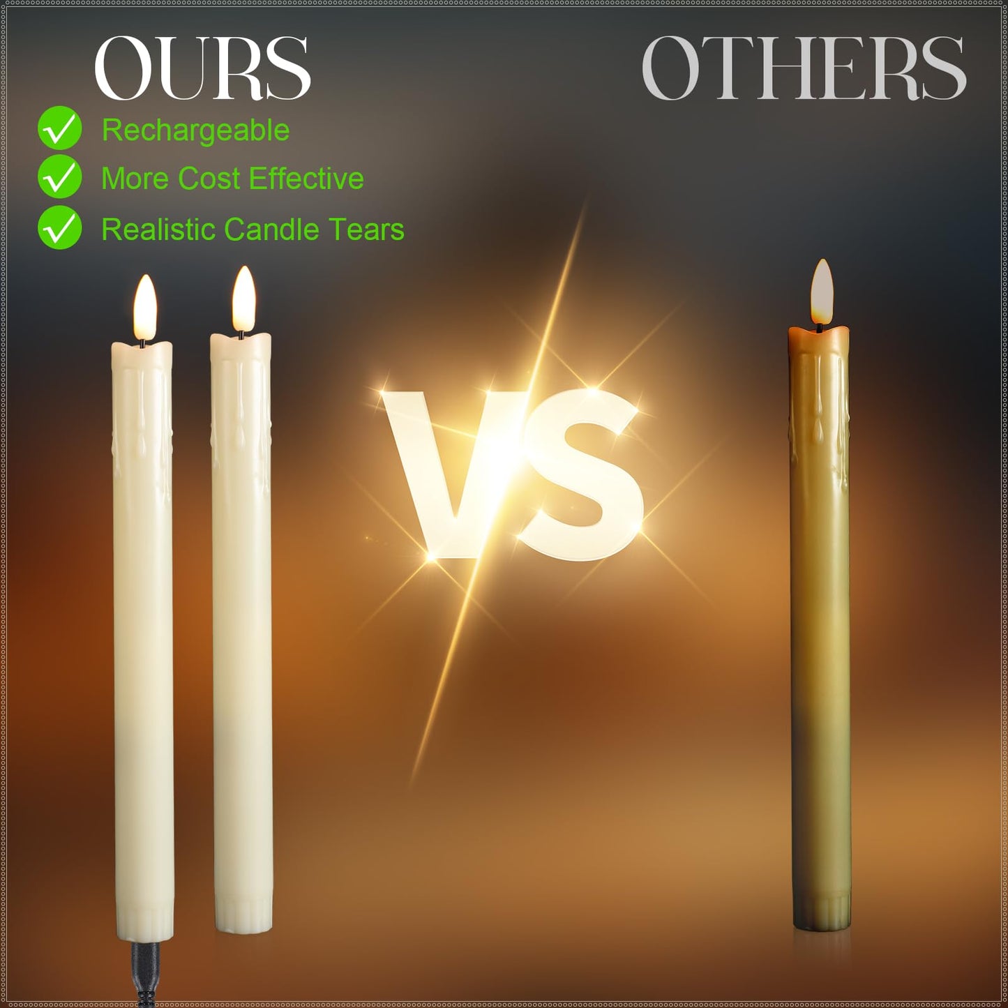 Retisee 4 Sets Rechargeable Flameless Taper Candles with Remote and Timer 9.8" Battery Operated Flickering Pillar Candles LED Dripless Wax Candlesticks for Christmas Home Window Fireplace