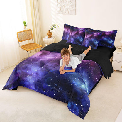Erosebridal Universe Space Comforter Set Galaxy Bed in A Bag Queen Size 7 Pieces Purple Blue Starry Sky Bed Set Room Decor Outer Space Nebula Bedding with Sheets