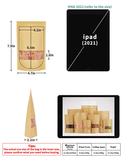FireKylin 100 Pcs Brown Paper Bags with Window, 7.9" x 11.8" Stand Up Pouches Bags, Zipper Food Storage Bags for Packaging Products, Reusable, Sealable