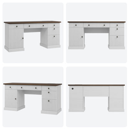 IDEALHOUSE 60 Inch Modern Executive Desk with Charging Station, USB-C/A Ports & 6.56ft Cord - Walnut & White Fluted Wood Office Desk with File Drawers, Sturdy Computer Desk for Home Office