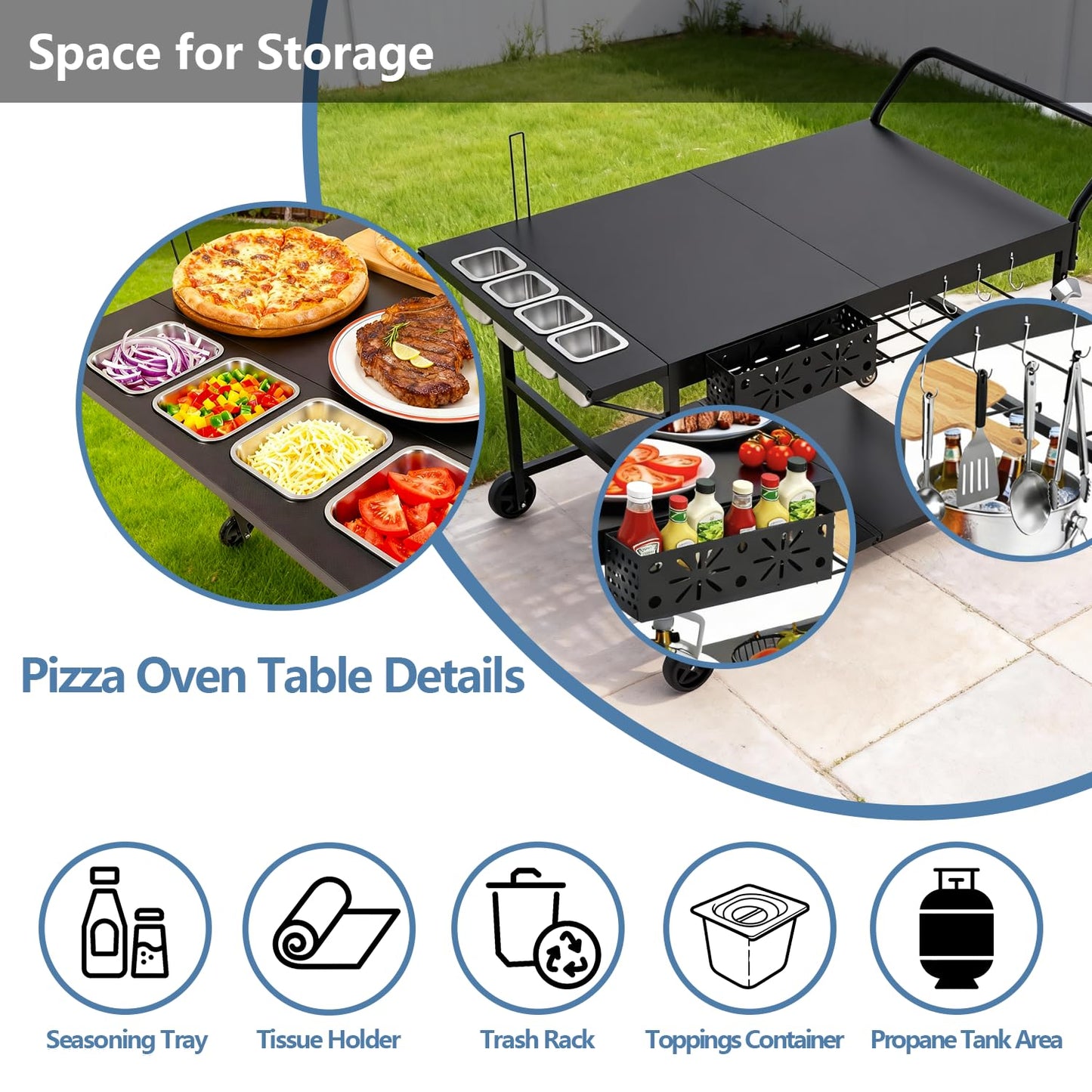 47" Outdoor Pizza Oven Table with Wheels, Pizza Oven Cart for Outside with Propane Tank Holder, Heavy Duty Pizza Oven Stand Prep Table for BBQ Patio Backyard Cooking