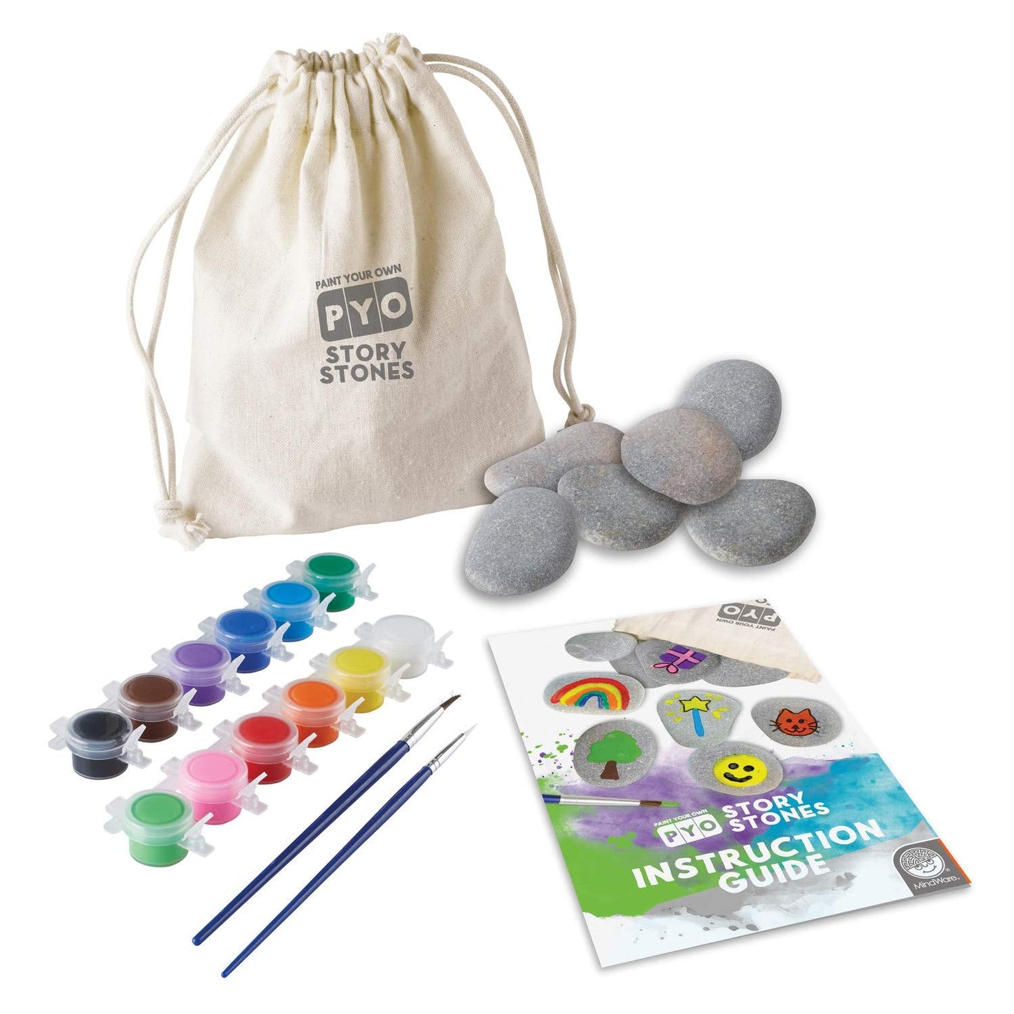MindWare Paint Your Own Story Stones, Creative Storytelling Art Kit with 16 Paintable Stones, Paints and Brushes, Imaginative Language Play for Kids Ages 8 and Up, Creative Gifts for Kids