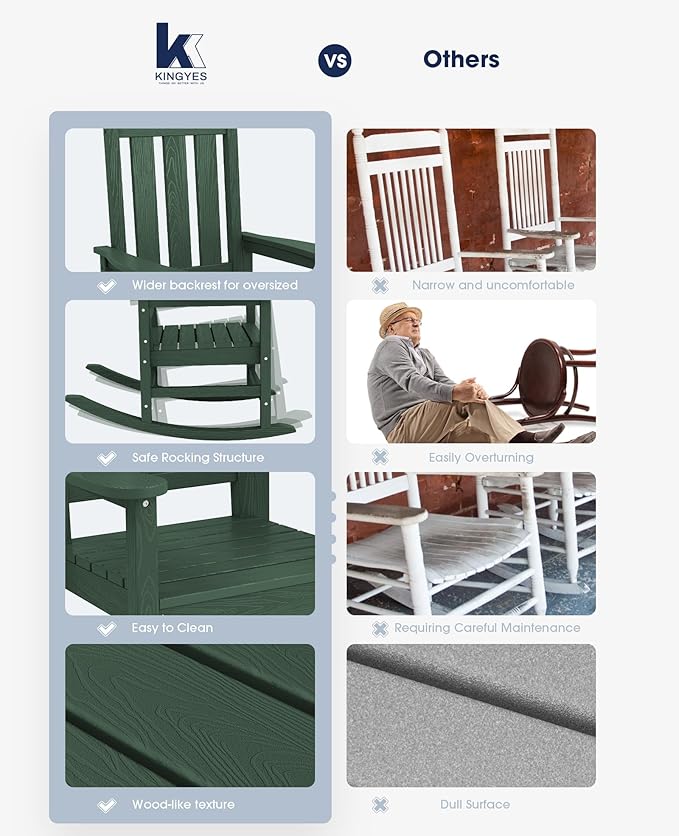 KINGYES Oversized Outdoor Rocking Chair Set of 2, All-Weather Patio Rocking Chairs for Porch, HDPE Outdoor Patio Rockers with High Back & Wide Seat for Garden, Lawn, Green