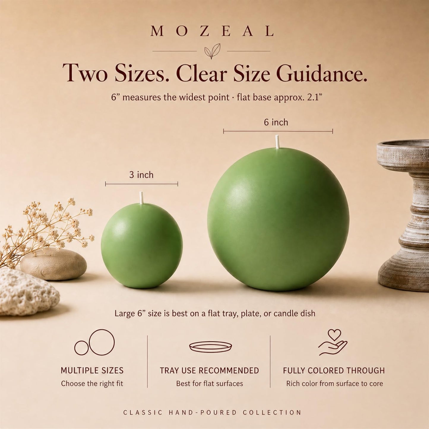 MOZEAL Hand-Poured, 3 Inch Green Round Ball Candles - Elegant Green Round Pillar Candles Set of 3, Dripless, Unscented, Smokeless, Ideal for Spring Celebrations.