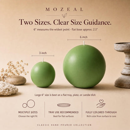 MOZEAL Hand-Poured, 3 Inch Green Round Ball Candles - Elegant Green Round Pillar Candles Set of 3, Dripless, Unscented, Smokeless, Ideal for Spring Celebrations.