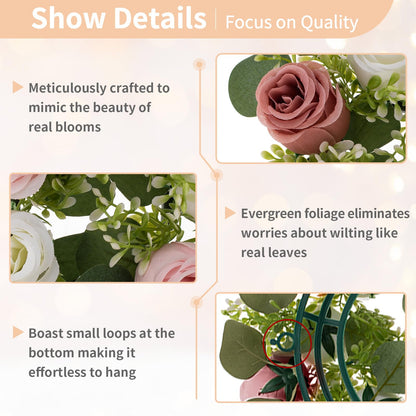 NUPTIO Flower Candle Rings for Centerpieces: 13.4 Inch Artificial Rose Wreath for Wedding Party Christmas - Dusty Rose & White Wreaths for Spring Summer Front Door Porch Table Decor 6 Pcs