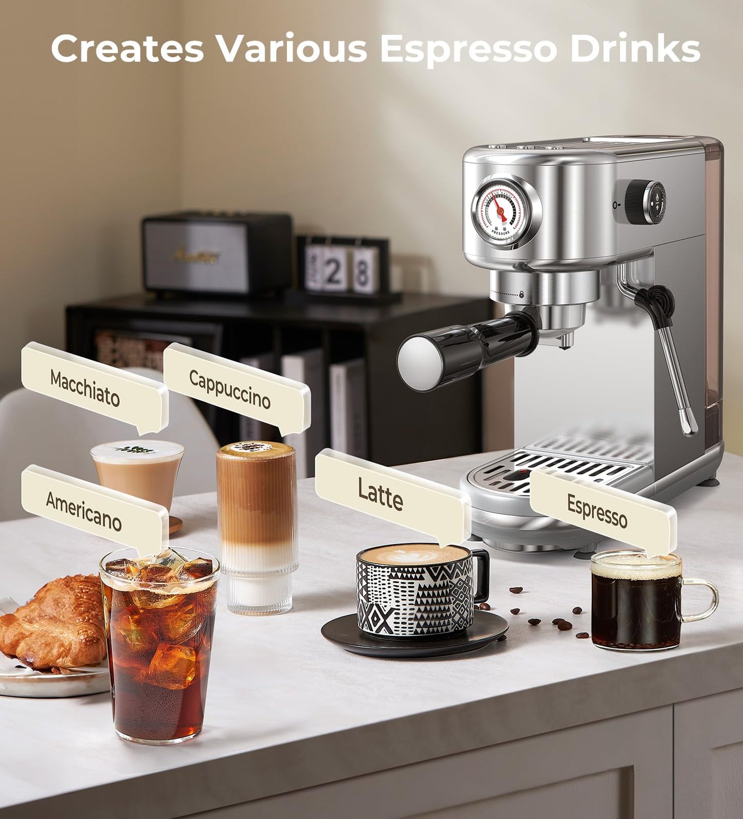 atatix Espresso Machine with Milk Frother, 20 Bar Pressure Espresso Maker, with 44OZ Removable Tank, Compact Stainless Steel Coffee Machine for Home, Office, Latte, Cappuccino, Macchiato, Silver