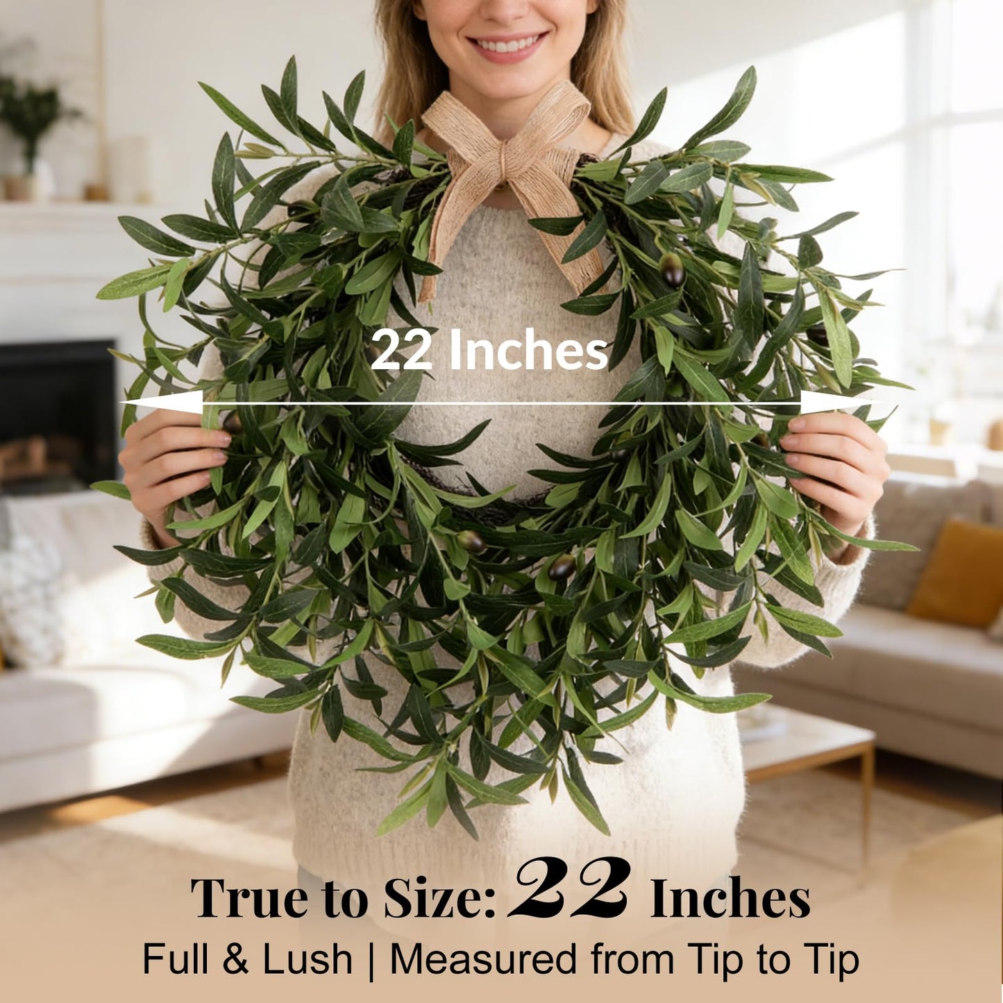 Artificial Olive Wreath for Front Door - 22 Inch Faux Greenery Wreath with Burlap Bow & Olives - Modern Farmhouse Wall Decor, Year Round Spring Summer Wreath for Indoor Outdoor Wedding Entryway
