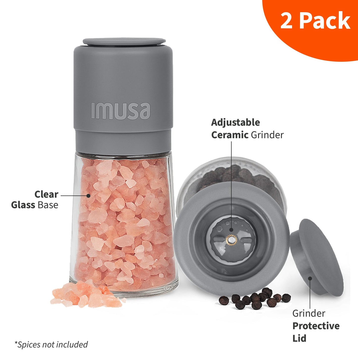 IMUSA Salt and Pepper Grinder Set – 2-Pack Manual Salt Grinder & Pepper Mill with Adjustable Ceramic Grinder for Coarse to Fine Spices, 4oz, Refillable Glass Base, Easy-Grip Salt & Pepper Set