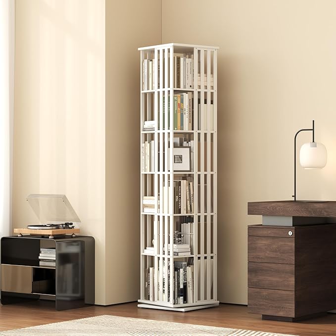 YOWOS Rotating Bookshelf Tower, 360° Display Spinning Bookcase, Bamboo