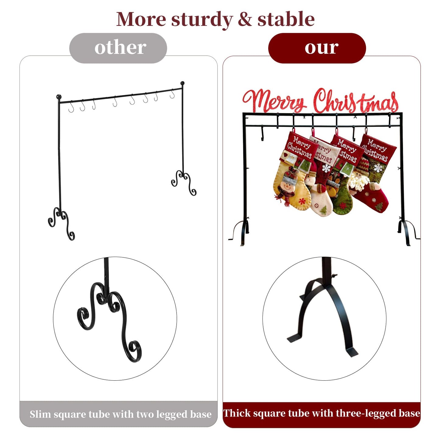 HUTHDAK Metal Merry Christmas Stocking Holder Stand with 8 Hooks,Heavy Duty Freestanding Christmas Stocking Holder Stand for Floor.Deluxe Christmas Stocking Stand-Easy Assembly and Stand for Home
