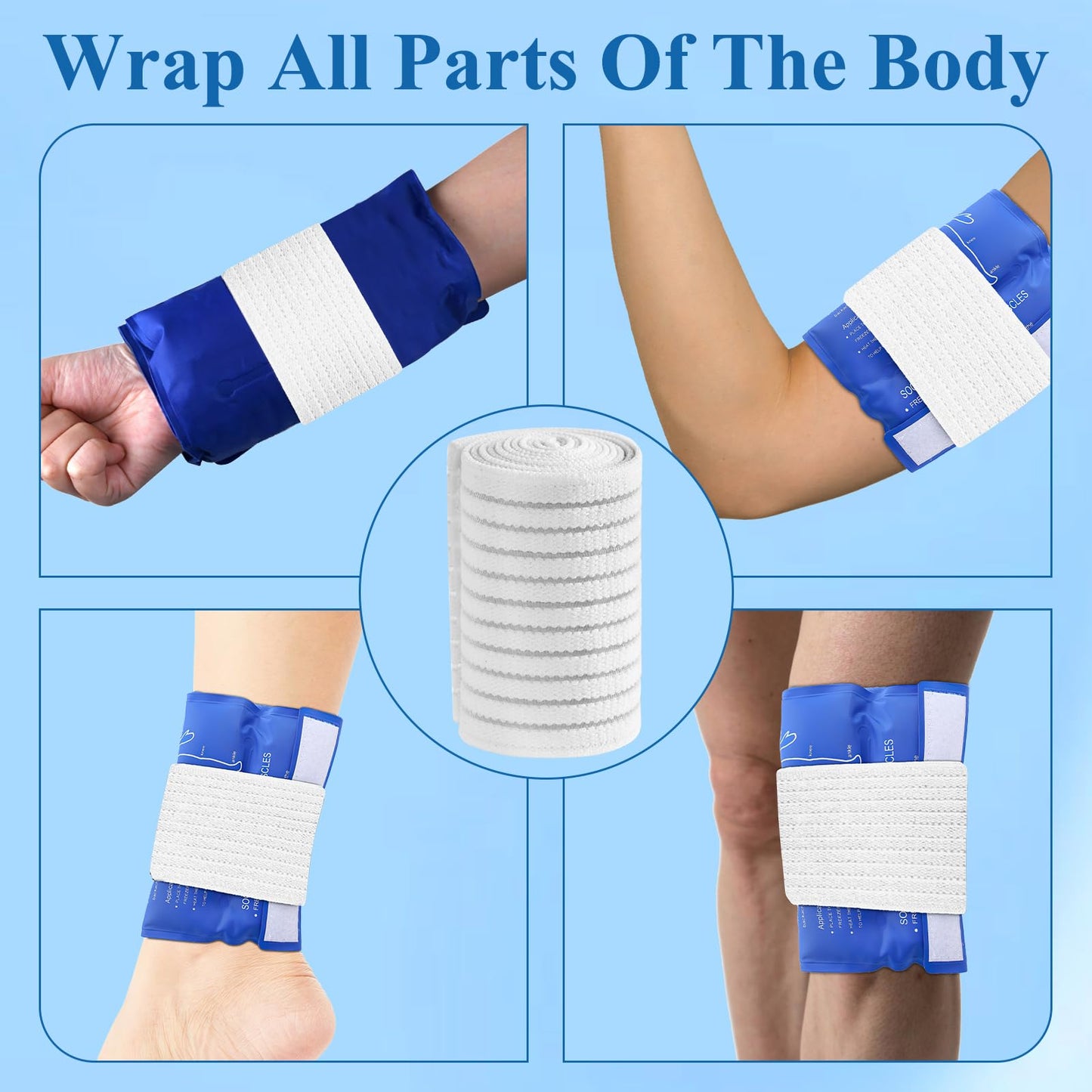 4-Pack Ice Pack Straps, Reusable & Stretchable – 35.5"x3" Adjustable Elastic Wrap with Hook and Loop Closure, Secure Ice Pack Holder for Cold Therapy(White)
