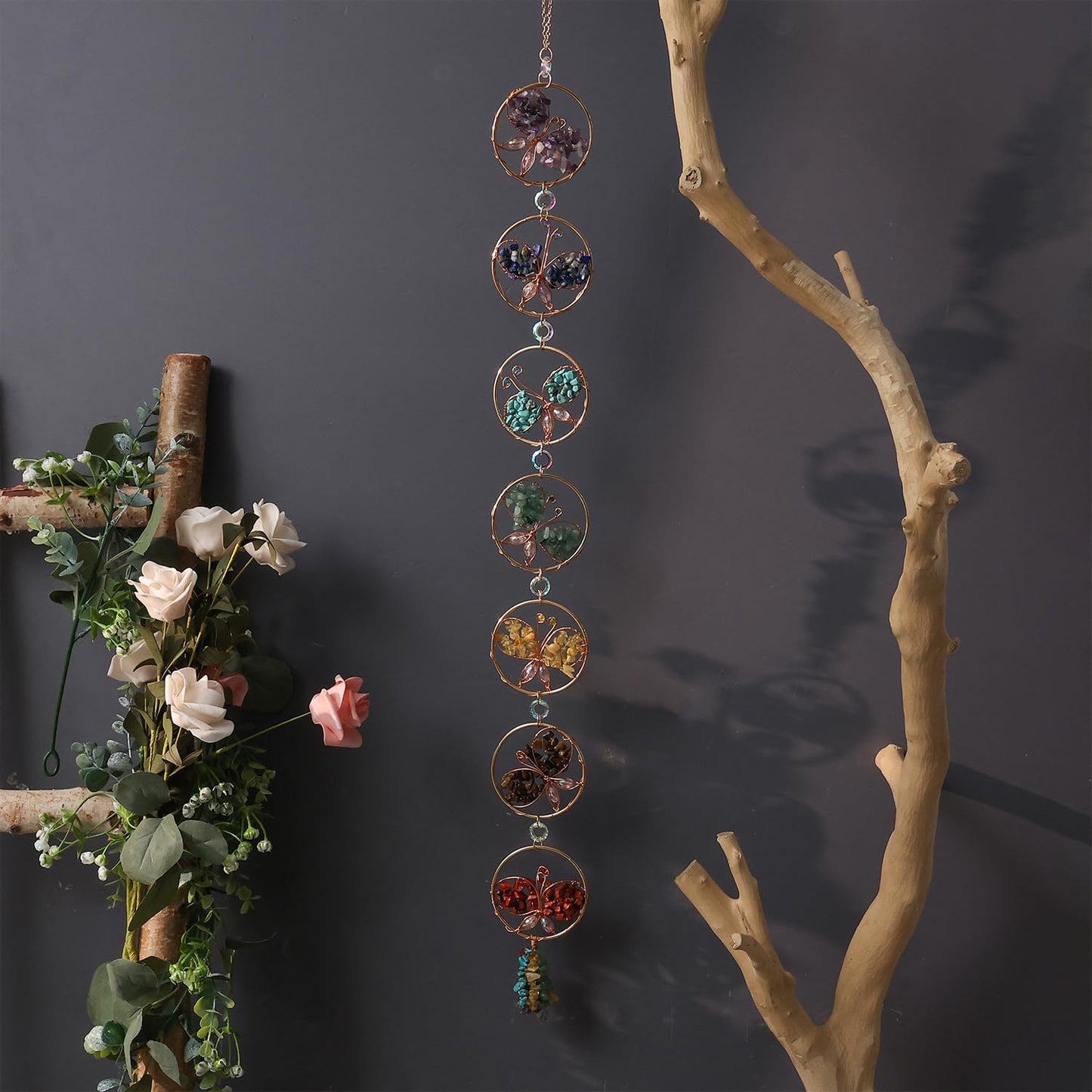 7 Chakra Healing Crystals Hanging Ornament，Handmade Butterfly Natrual Chakra Stones Gemstones Wall Hanging Ornaments for Home Decor Yoga Meditation(7 Chakra Butterfly)