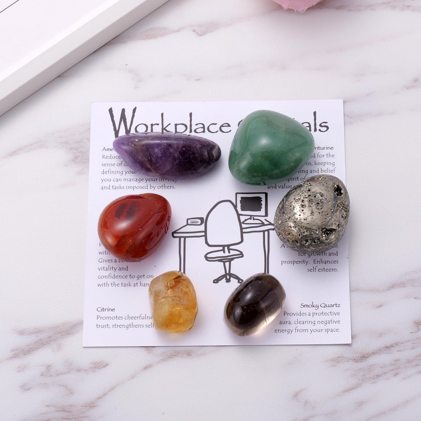 Workplace Crystals Set - 6PC Healing Protection Stones for Office Desk, Focus, Positive Energy, Stress Relief, Metaphysical Gifts for Friend Coworker Family, New Job Decor