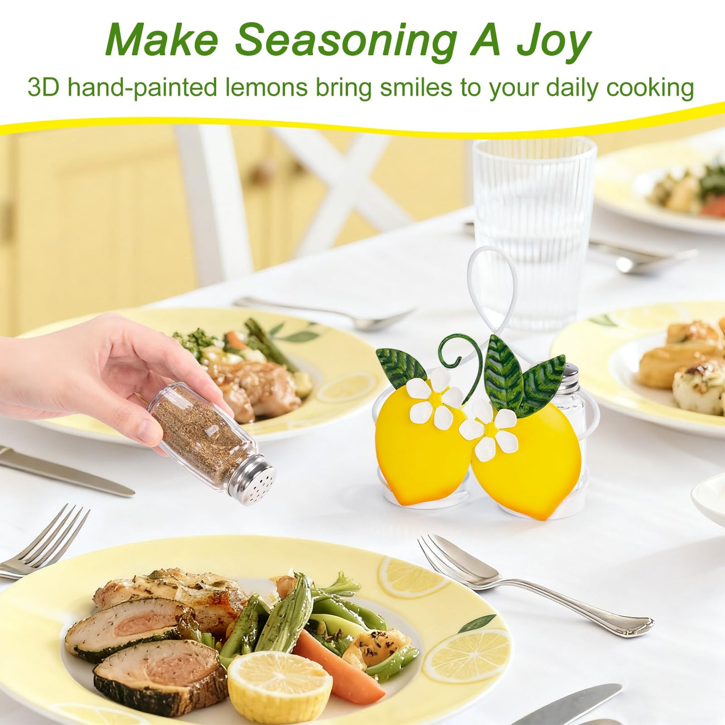Lemon Cute Salt and Pepper Shakers Set with Holder - 2oz Seasoning Containers with Lemon Decor Holder, Yellow Kitchen Decor and Accessories, Housewarming Gifts for Women, Portable Metal Stand