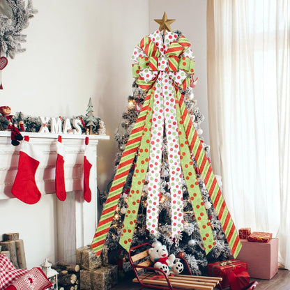 Christmas Tree Topper Wreath Bow Large Green Christmas Bow Tree Topper, 45"x13" Red Green Dot Polyester Gift Ribbon for Xmas Ornament Holiday Home Wedding Thanksgiving Indoor/Outdoor Decoration