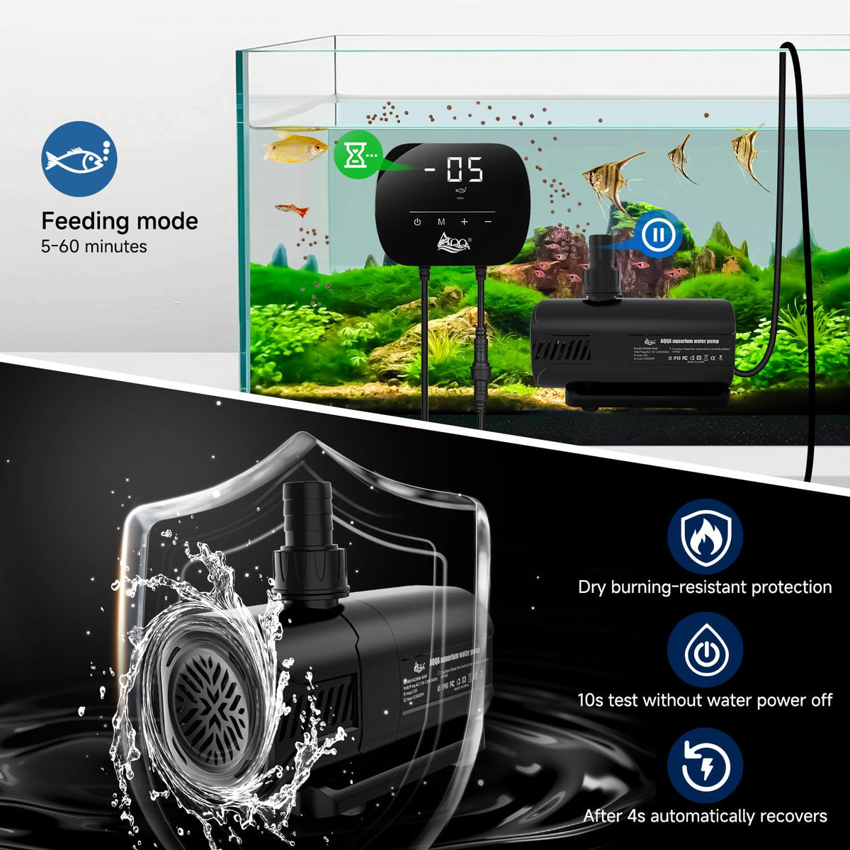 AQQA Aquarium Water Pump,Controllable Return Pump with LCD Display,Constant Flow Mode+Wave Making Mode+Feeding Mode,Submersible and inline Sump pump Pond Pump for Freshwater Saltwater (40W)