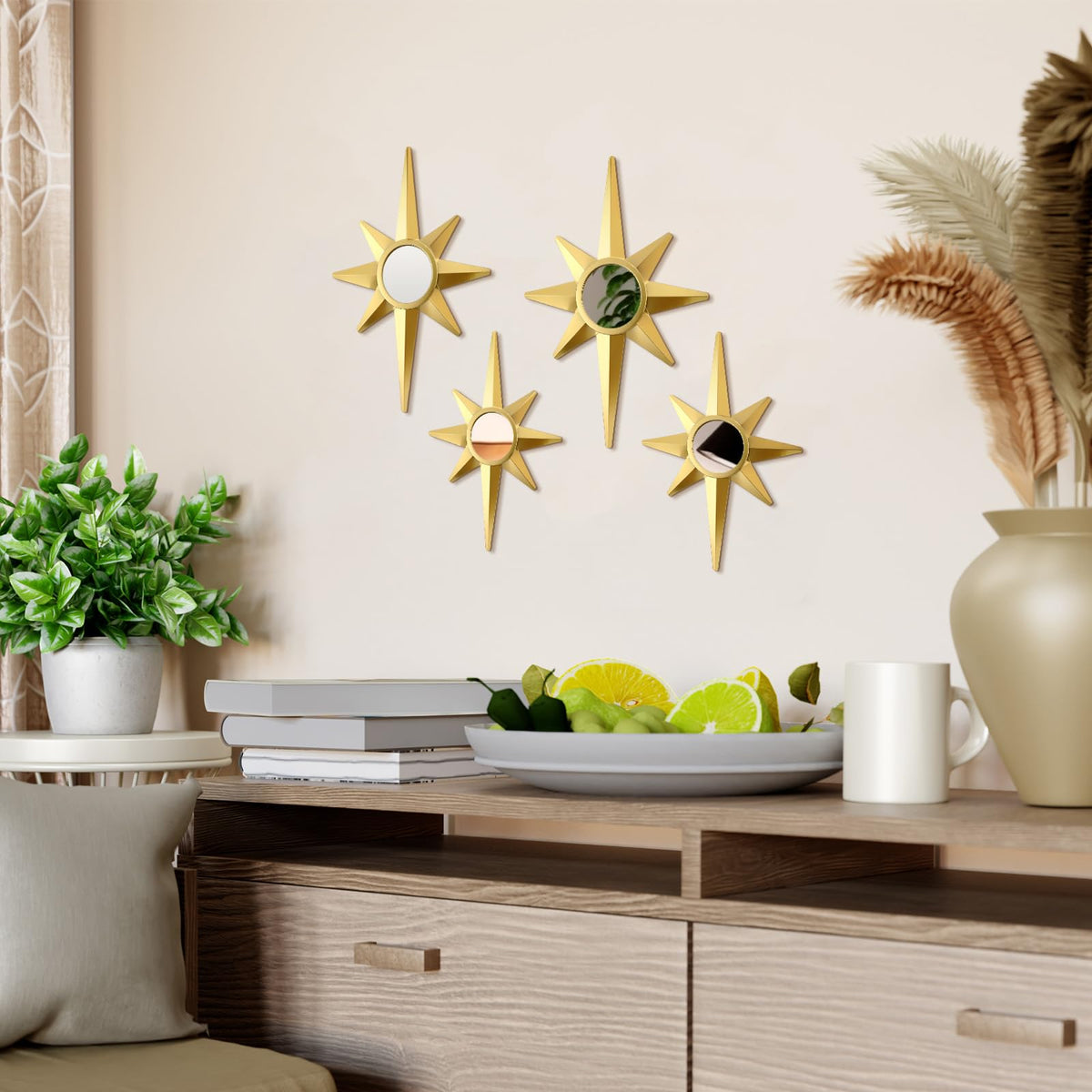 Blulu 4 Pcs Metal Starburst Wall Mirrors Decor 8 Pointed Gold Atomic Stars Hangings Mid Century Modern Elegance Accents Easy Installation Finish Metal Mirrors for Home Office Room