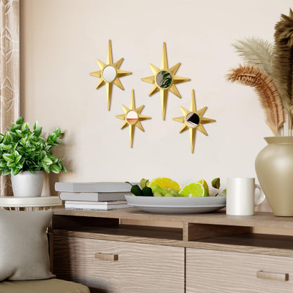 Blulu 4 Pcs Metal Starburst Wall Mirrors Decor 8 Pointed Gold Atomic Stars Hangings Mid Century Modern Elegance Accents Easy Installation Finish Metal Mirrors for Home Office Room