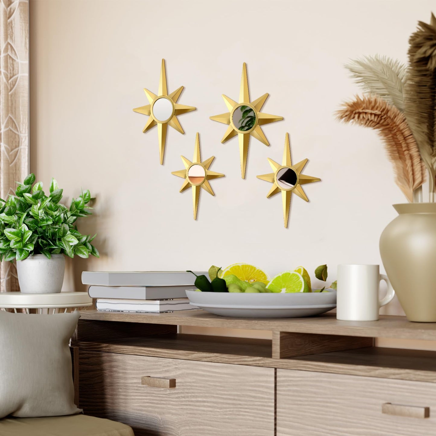Blulu 4 Pcs Metal Starburst Wall Mirrors Decor 8 Pointed Gold Atomic Stars Hangings Mid Century Modern Elegance Accents Easy Installation Finish Metal Mirrors for Home Office Room