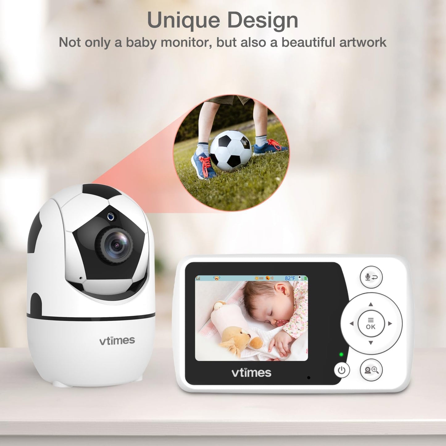 VTimes Baby Monitor with Camera and Audio, 2.4'' LCD Screen, Video Baby Monitor No WiFi Night Vision VOX Mode Pan-Tilt-Zoom Temperature Display Two-Way Audio Lullabies Feeding Alarm and 1000ft Range