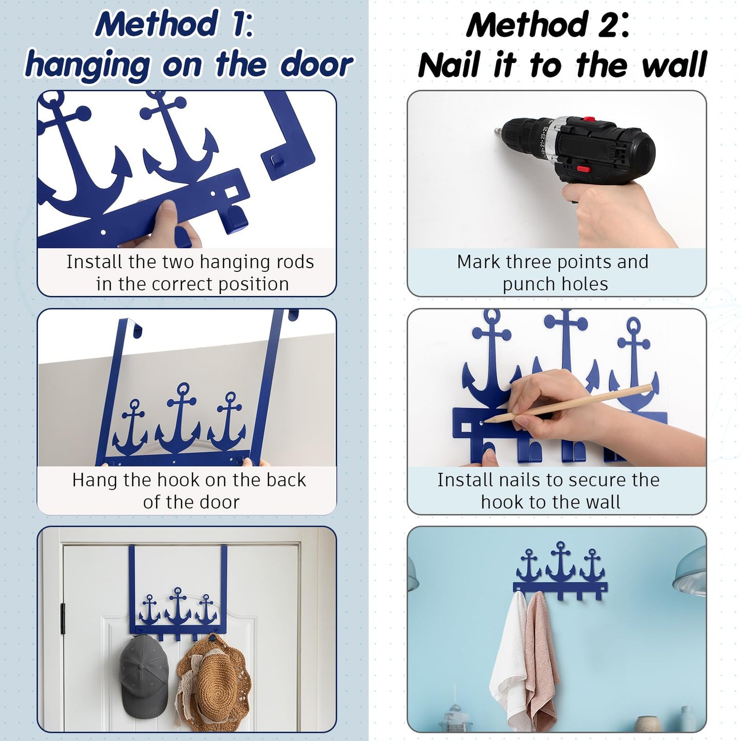 Reallnaive Anchor Over The Door Hooks Christmas Nautical Coastal Navy Blue Bathroom Decor Wall Mount Hanger Rack Holder for Towel, Hat, Coat, Cloth, Keychain, Bag, Beach Lake House Decor