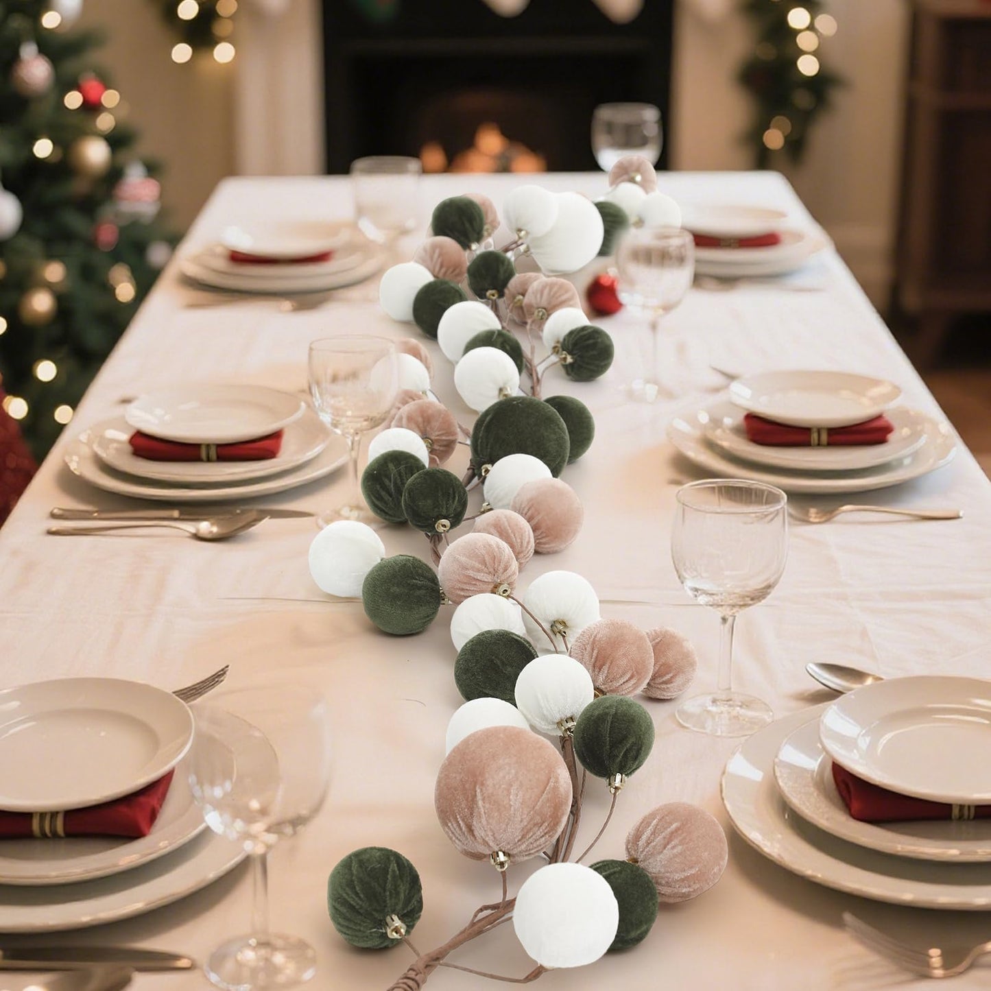 Simgoing 6 ft Christmas Ball Ornament Garland Christmas Bauble Hanging Ornament Neutral Velvet Bulb Ball Garland for Xmas Tree Table Mantel Staircase Indoor Outdoor Decor(White, Brown, Green)