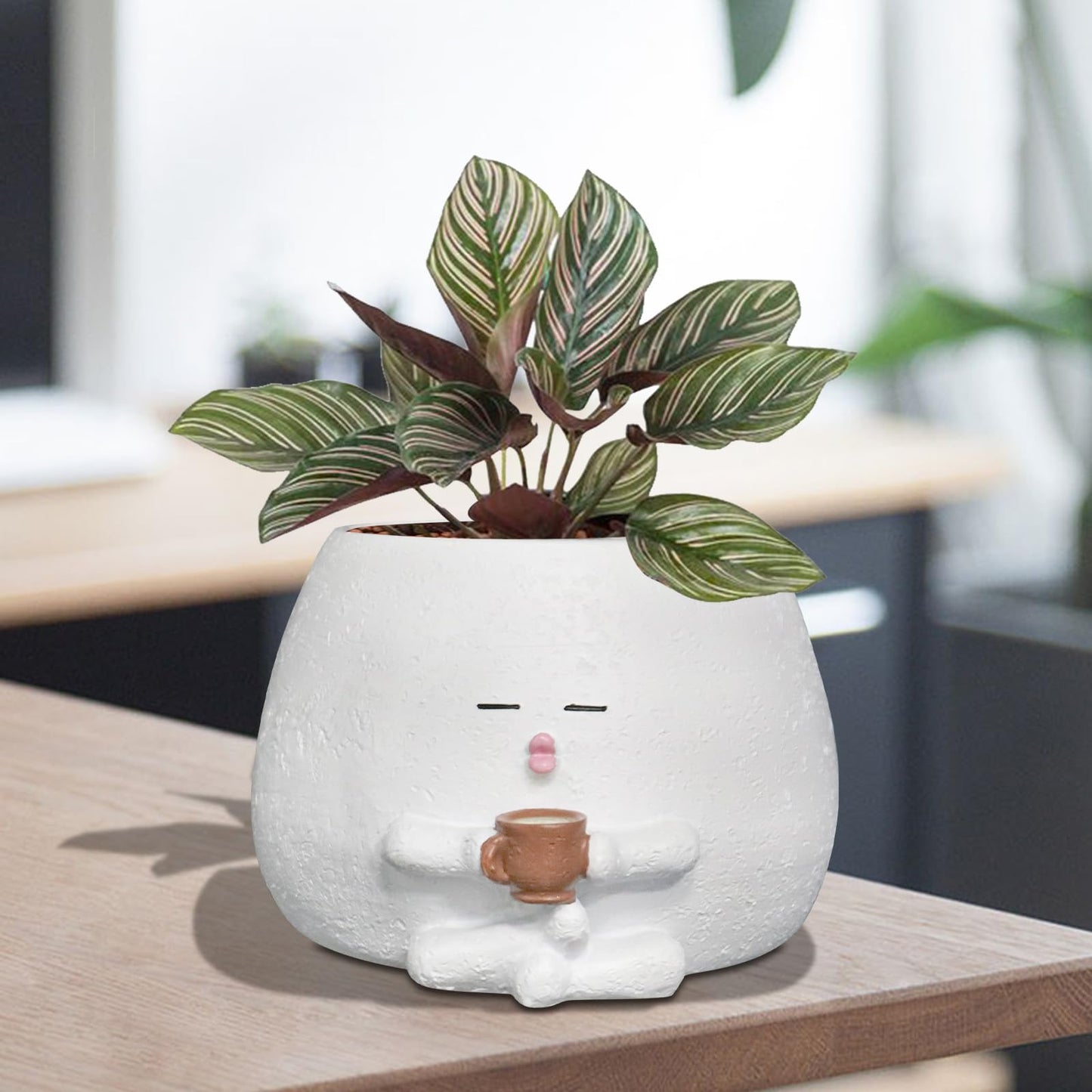 Toparad Smily Face Planter Pot with Coffee Cup Cute Resin Flower Head Planters for Indoor Outdoor Unique Sit Succulent Pots with Drainage Hole Gift IdeaI for Mother Christmas (White)
