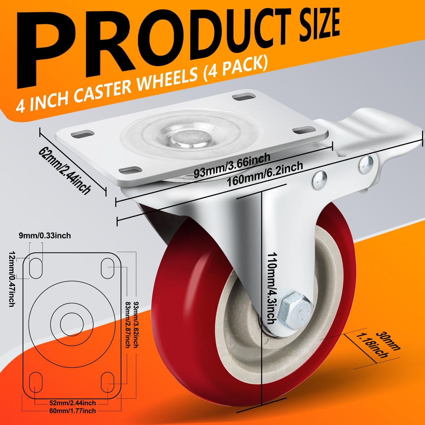Caster Wheels 4 Inch, Heavy Duty Caster Set of 4, Swivel Castor Wheel with Dual Locking Brakes, Silent Polyurethane (PU) Wheels, 360° Rotation, for Furniture and Workbench, Load 2600lbs
