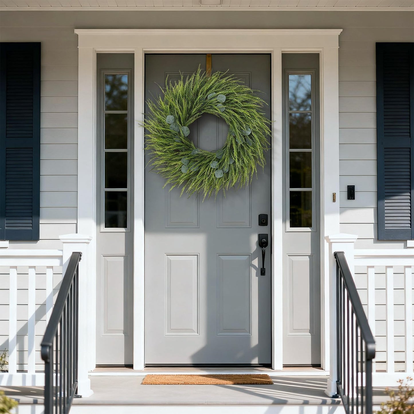 26" Artificial Saw Grass Wreath for Front Door, Lifelike Faux Saw Grass Wreath with Fake Eucalyptus Spring Summer Greenery for Wall Window Fireplace Farmhouse Home Outside Decoration