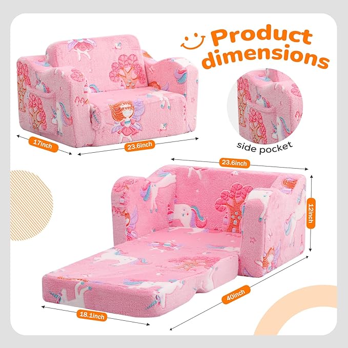 MeMoreCool Glowing Pink Fairy Kids Chair, 2-in-1 Fold-Out Kids Couch and Sofa