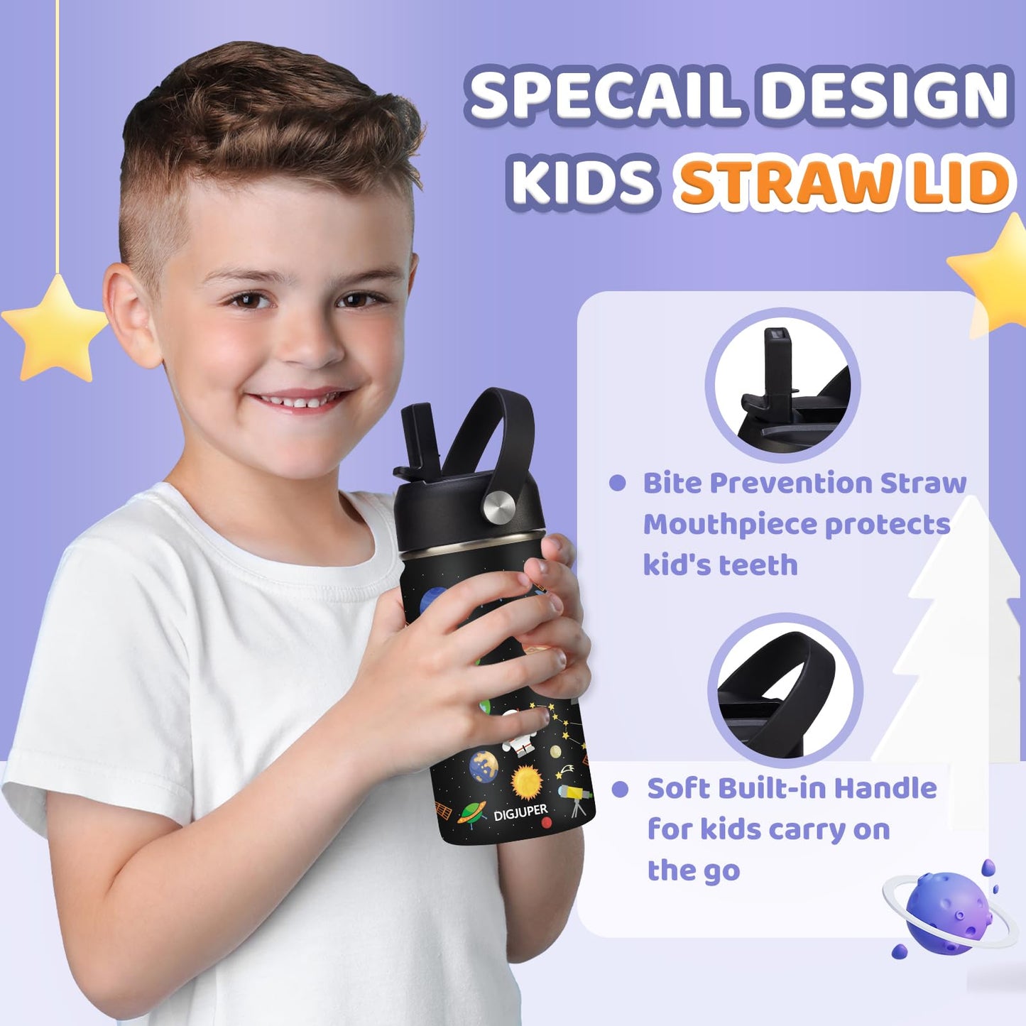 12 oz Kids Insulated Water-Bottle w/Straw - Cold-24h Hot-12h, Toddler Water Bottle Spill-proof & BPA-free, Stainless Steel Water Bottles Kids, Space Insulated Cup for School Camping Boys Girls Gift