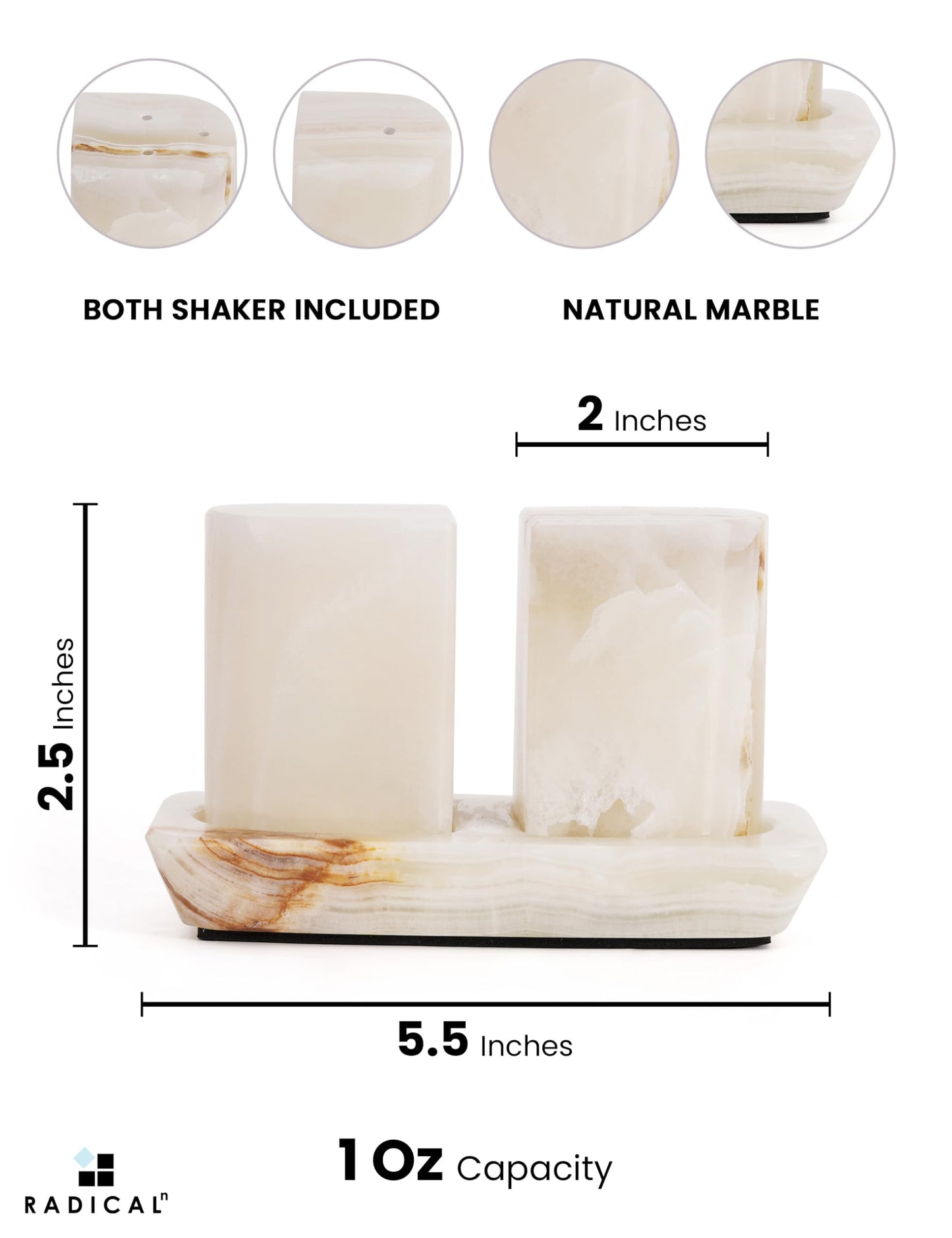 Radicaln Marble Salt & Pepper Shakers 2.5" White Onyx Modern Kitchen Essentials for Cooking and Dining, Stone Spice Holder & Saleros for Black Pepper, Pink Salt, Home & Farmhouse Decor