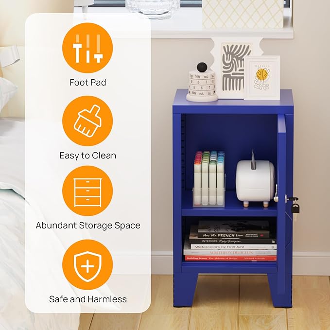 ALBAD Metal Nightstand with Lockable Cabinet, Compact Mini Locker Bedside Table